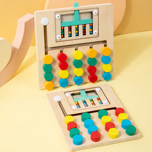 sorting colored pegs to match random beads on a wooden Montessori logic puzzle