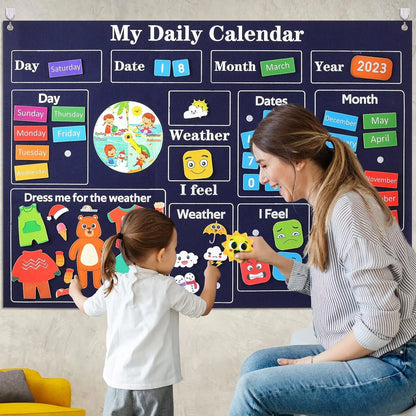 Felt calendar with movable date, weather, and emotion tiles for independent learning

