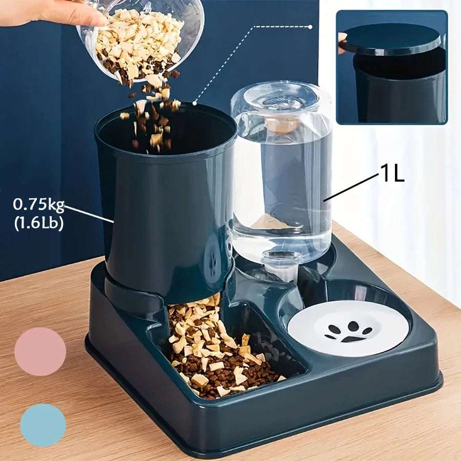 Tilted 2-in-1 cat feeder and water dispenser set with food and water.