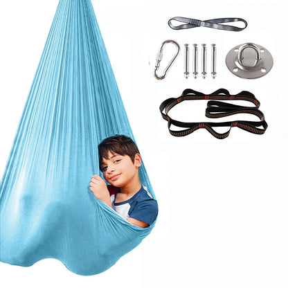 Sensory swing installed at home offering compression therapy for anxious children

