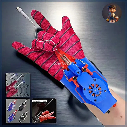 Child wearing Spiderman spinneret gloves launching toy web string in action pose