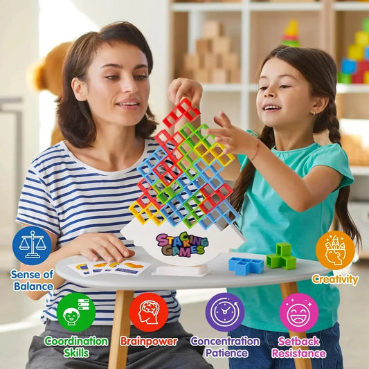 Colourful stacking tetra tower block toy balanced on swing base