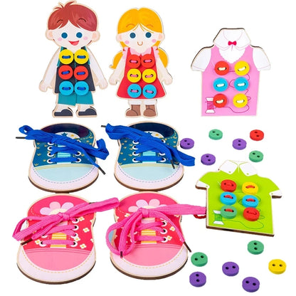 Close-up of Montessori dressing board with zippers, buttons, and laces