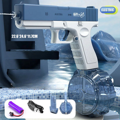 Electric water gun toy in action, spraying water during a summer backyard battle