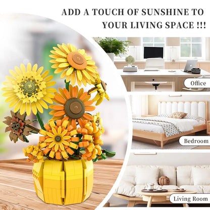 Sunflower building blocks bouquet fully assembled with vase. perfect for home and office setting