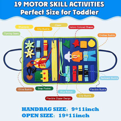 Colourful Montessori busy board with various tactile and sensory features for toddlers.